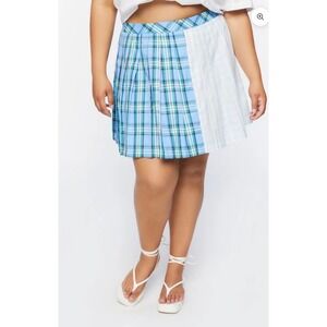 Forever 21 Blue Green Plaid Gingham Colorblock Pleated Mini Skirt Plus Size 0X